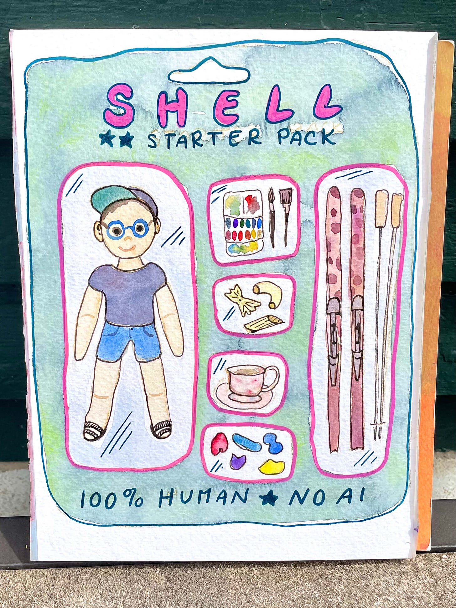 A watercolor painting of a "starter pack" for a doll. At the top of the paper, it says SHELL - Starter Pack. Below that, on the left, painted to look like a blister pack, is a cartoonish self-portrait of Shell wearing a purplish tshirt and blue shorts. They have on sandals, a ballcap, and their signature bright blue glasses. To the right, in smaller blister-pack style sections, are a bunch of accessories they think would come with them. From top to bottom there is a paint palette and two brushes; a farfalle, ziti, and macaroni noodle; a teacup; and a collection of bright climbing holds. To the right of that stack is one more long and skinny blister pack depicting a pair of skis and poles. At the bottom of the packaging, it says 100% Human - No AI A watercolor painting of a "starter pack" for a doll. At the top of the paper, it says SHELL - Starter Pack. Below that, on the left, painted to look like a blister pack, is a cartoonish self-portrait of Shell wearing a purplish tshirt and blue shorts. They have on sandals, a ballcap, and their signature bright blue glasses. To the right, in smaller blister-pack style sections, are a bunch of accessories they think would come with them. From top to bottom there is a paint palette and two brushes; a farfalle, ziti, and macaroni noodle; a teacup; and a collection of bright climbing holds. To the right of that stack is one more long and skinny blister pack depicting a pair of skis and poles. At the bottom of the packaging, it says 100% Human - No AI