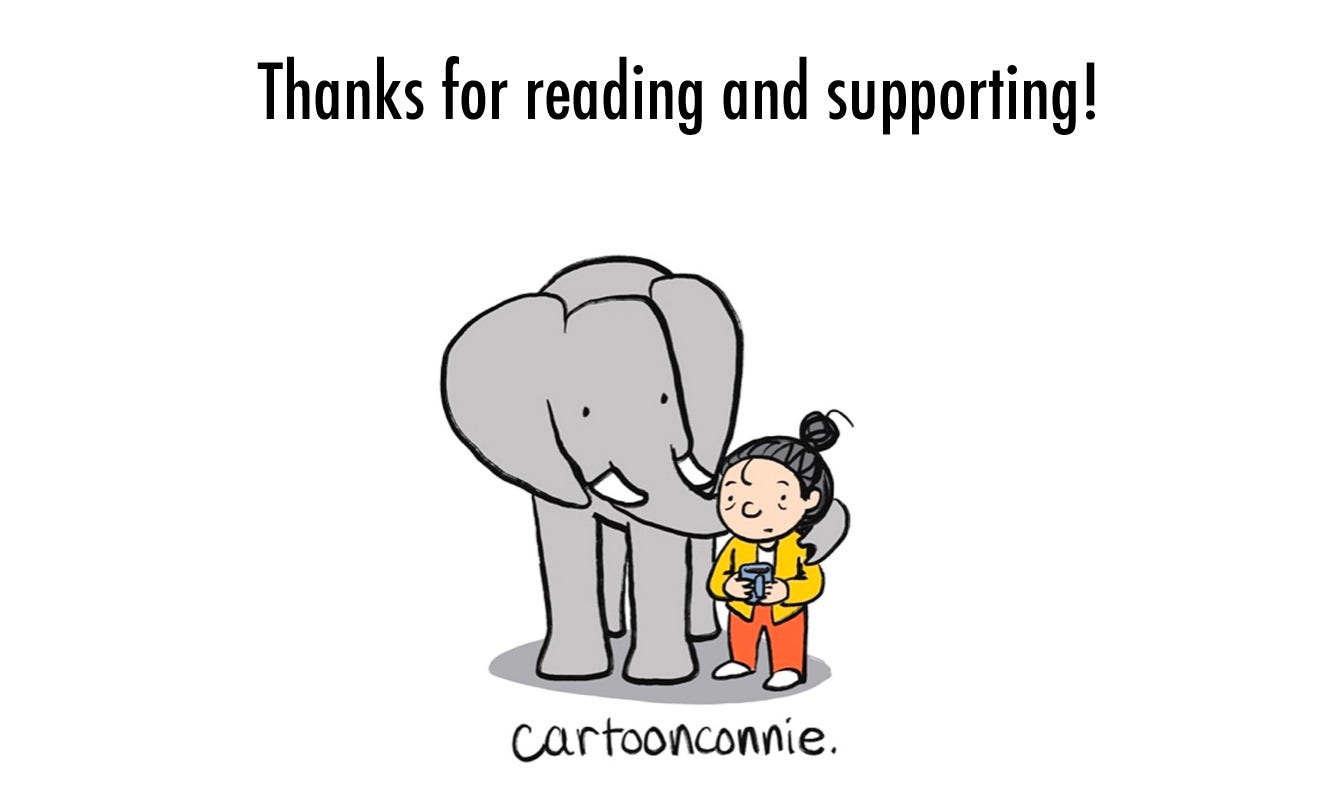 CartoonConnie Comics logo, featuring an illustration of a girl with a coffee mug standing next to an elephant, by Connie Sun