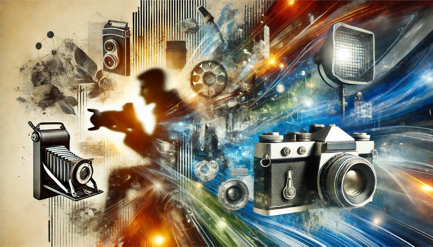 A visually striking digital artwork representing the theme of mistakes in photography leading to creativity. The image includes elements like a blurred motion photograph, a double exposure effect, an overexposed bright area, and a silhouette of a photographer experimenting with a camera. The background features an abstract collage of imperfect yet artistic shots, symbolizing how errors can turn into unique artistic expressions. The overall color scheme avoids blue and red, using alternative tones such as green, yellow, and earthy hues to evoke inspiration and innovation.
