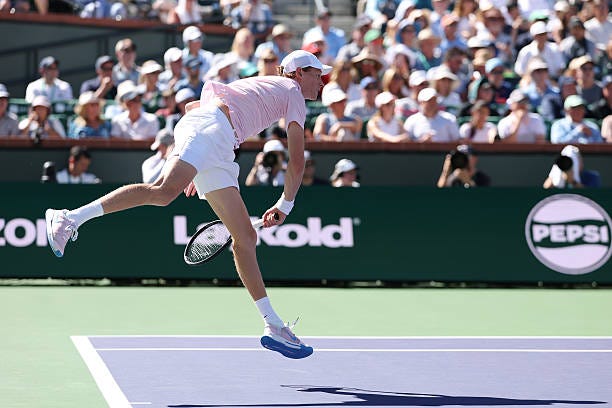 Jannik Sinner of Italy serves against Alexander Zverev of Germany during their Men's Singles Semifinals match on Day 11 of the BNP Paribas Open at... Jannik Sinner of Italy serves against Alexander Zverev of Germany during their Men's Singles Semifinals match on Day 11 of the BNP Paribas Open at...