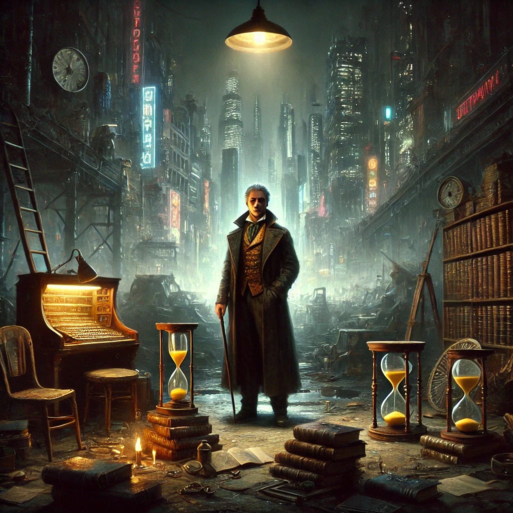 An oil painting of a lone polymath in a dystopian cityscape, surrounded by abandoned books, scientific instruments, and unfinished artworks. The polymath, dressed in a mix of historical and futuristic attire, stands under a dim streetlight, looking contemplative. The background features a decayed society that has forgotten knowledge, with neon signs flickering in the distance. The mood is melancholic, with dark tones and dramatic lighting highlighting the solitude and underappreciation of the figure. Despite the bleak atmosphere, there is a quiet intensity in the polymath’s eyes, hinting at their hidden brilliance and eventual rise as a dark horse of society. An oil painting of a lone polymath in a dystopian cityscape, surrounded by abandoned books, scientific instruments, and unfinished artworks. The polymath, dressed in a mix of historical and futuristic attire, stands under a dim streetlight, looking contemplative. The background features a decayed society that has forgotten knowledge, with neon signs flickering in the distance. The mood is melancholic, with dark tones and dramatic lighting highlighting the solitude and underappreciation of the figure. Despite the bleak atmosphere, there is a quiet intensity in the polymath’s eyes, hinting at their hidden brilliance and eventual rise as a dark horse of society.