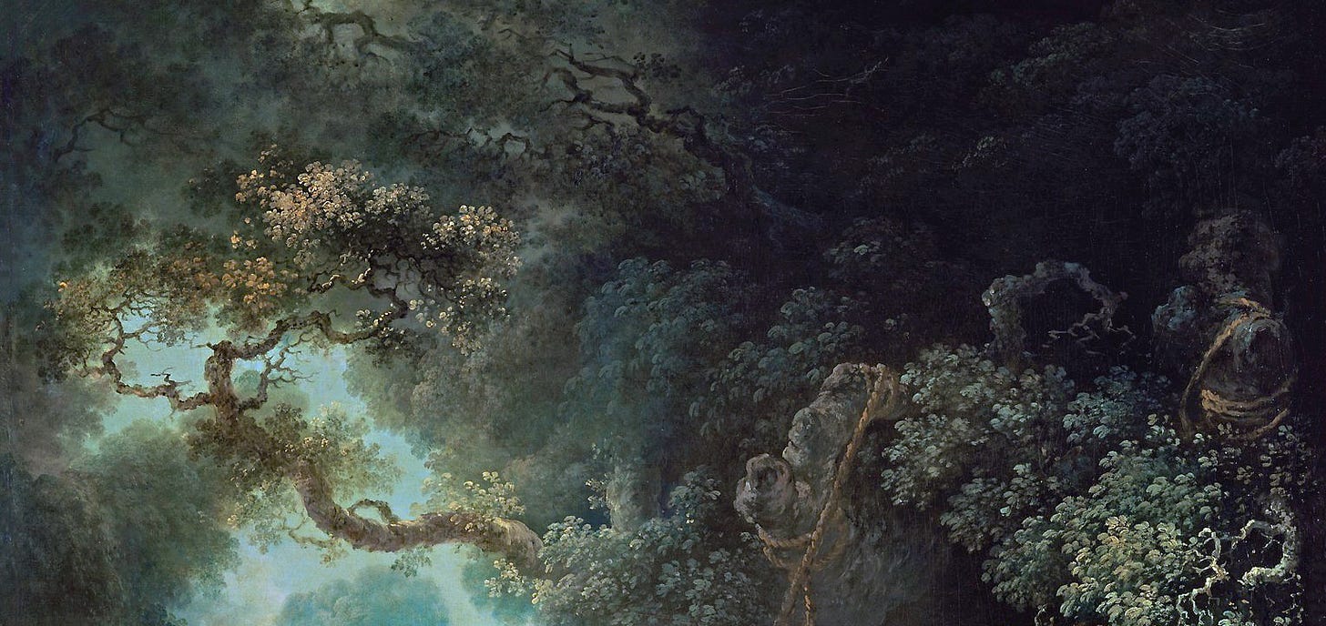 Detail of an overgrown garden in Jean-Honoré Fragonard’s The Swing (c. 1767-1768)