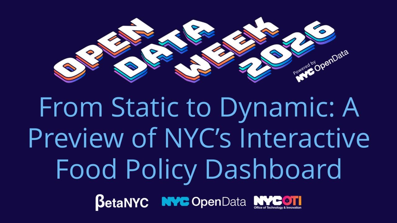 Promotional graphic for Open Data Week 2026 on a dark blue background. Large stylized white and blue 3D text at the top reads “OPEN DATA WEEK 2026,” with “Powered by NYC OpenData” in smaller text beside it. Centered below in large light blue text: “From Static to Dynamic: A Preview of NYC’s Interactive Food Policy Dashboard.” Along the bottom are the logos for BetaNYC, NYC OpenData, and NYC Office of Technology & Innovation (OTI). Promotional graphic for Open Data Week 2026 on a dark blue background. Large stylized white and blue 3D text at the top reads “OPEN DATA WEEK 2026,” with “Powered by NYC OpenData” in smaller text beside it. Centered below in large light blue text: “From Static to Dynamic: A Preview of NYC’s Interactive Food Policy Dashboard.” Along the bottom are the logos for BetaNYC, NYC OpenData, and NYC Office of Technology & Innovation (OTI).