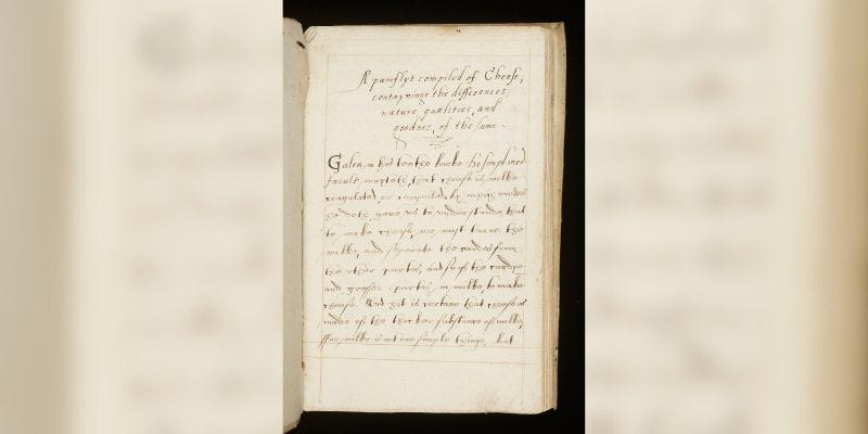 image depicts the intro page of a hnd-written Tudor era manuscript about cheese image depicts the intro page of a hnd-written Tudor era manuscript about cheese