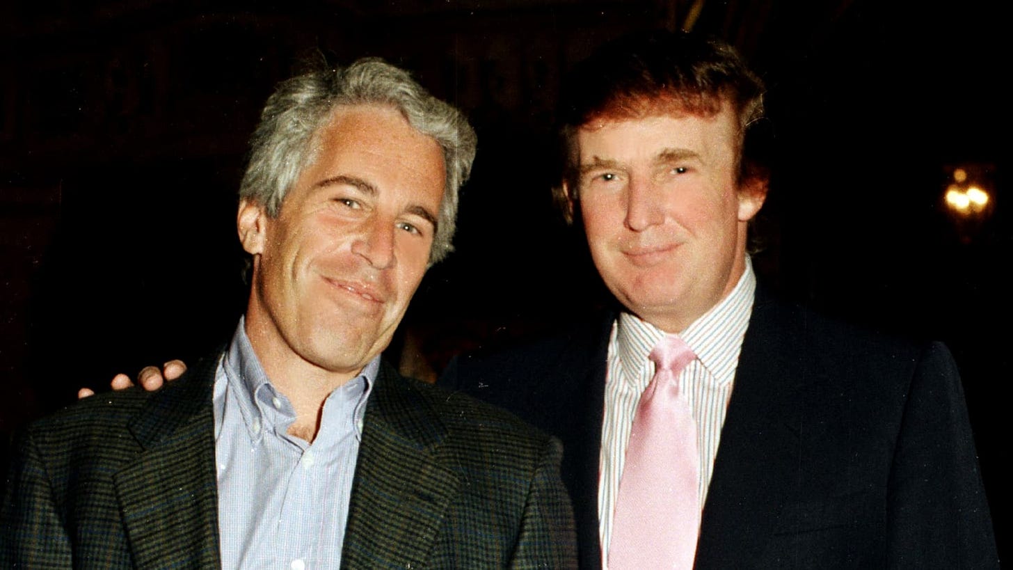 Portrait of American financier Jeffrey Epstein (left) and real estate developer Donald Trump as they pose together at the Mar-a-Lago estate, Palm Beach, Florida, 1997. Portrait of American financier Jeffrey Epstein (left) and real estate developer Donald Trump as they pose together at the Mar-a-Lago estate, Palm Beach, Florida, 1997.
