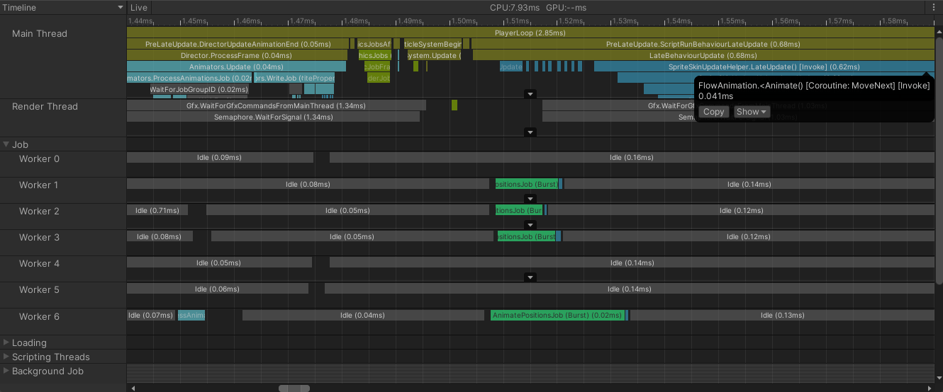 Gráfico mostrando que o código de animação está sendo executado em múltiplos threads paralelos.