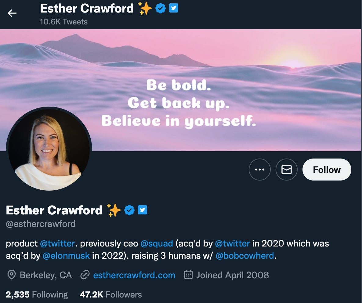 Esther Crawford Twitter profile Esther Crawford Twitter profile