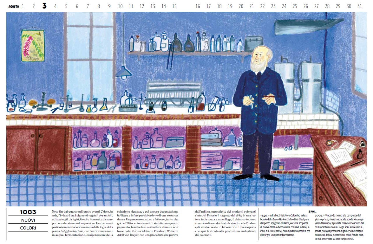 Pagina di un libro illustrato sul tema dell'estate e della storia. In alto scorre la riga del mese di agosto con i numeri da 1 a 31, in cui il numero 3 è evidenziato in grassetto. L'illustrazione centrale raffigura un laboratorio di chimica dominato da varie tonalità di blu. Sulla destra si trova un uomo anziano con barba e baffi bianchi, vestito con un abito scuro, che tiene in mano una provetta. Attorno a lui ci sono banconi con flaconi di vetro, ampolle, strumenti di misurazione e boccette colorate riposte su scaffali. Sulla destra un tavolo in legno ospita libri aperti e calamai. In basso la pagina è suddivisa in sezioni di testo: a sinistra spicca la data "1883" con il titolo "NUOVI COLORI", seguita da un testo esplicativo che racconta la storia dell'indaco e della sua sintesi chimica ad opera di Johann Friedrich Wilhelm Adolf von Baeyer nel 1883. In basso a destra sono presenti due brevi box d'approfondimento dal titolo "E POI..." dedicati ad altri avvenimenti storici legati alla stessa data (il 1492 con la partenza di Cristoforo Colombo e il 2004 con il lancio della sonda Messenger). Pagina di un libro illustrato sul tema dell'estate e della storia. In alto scorre la riga del mese di agosto con i numeri da 1 a 31, in cui il numero 3 è evidenziato in grassetto. L'illustrazione centrale raffigura un laboratorio di chimica dominato da varie tonalità di blu. Sulla destra si trova un uomo anziano con barba e baffi bianchi, vestito con un abito scuro, che tiene in mano una provetta. Attorno a lui ci sono banconi con flaconi di vetro, ampolle, strumenti di misurazione e boccette colorate riposte su scaffali. Sulla destra un tavolo in legno ospita libri aperti e calamai. In basso la pagina è suddivisa in sezioni di testo: a sinistra spicca la data "1883" con il titolo "NUOVI COLORI", seguita da un testo esplicativo che racconta la storia dell'indaco e della sua sintesi chimica ad opera di Johann Friedrich Wilhelm Adolf von Baeyer nel 1883. In basso a destra sono presenti due brevi box d'approfondimento dal titolo "E POI..." dedicati ad altri avvenimenti storici legati alla stessa data (il 1492 con la partenza di Cristoforo Colombo e il 2004 con il lancio della sonda Messenger).