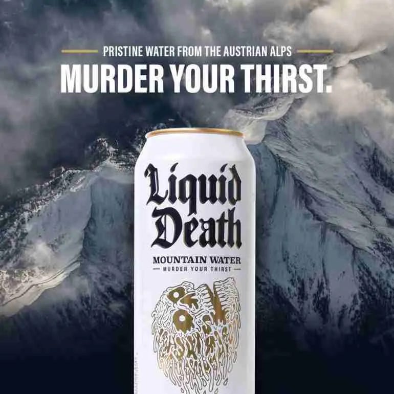 Liquid Death mountain water can with “Murder Your Thirst” slogan