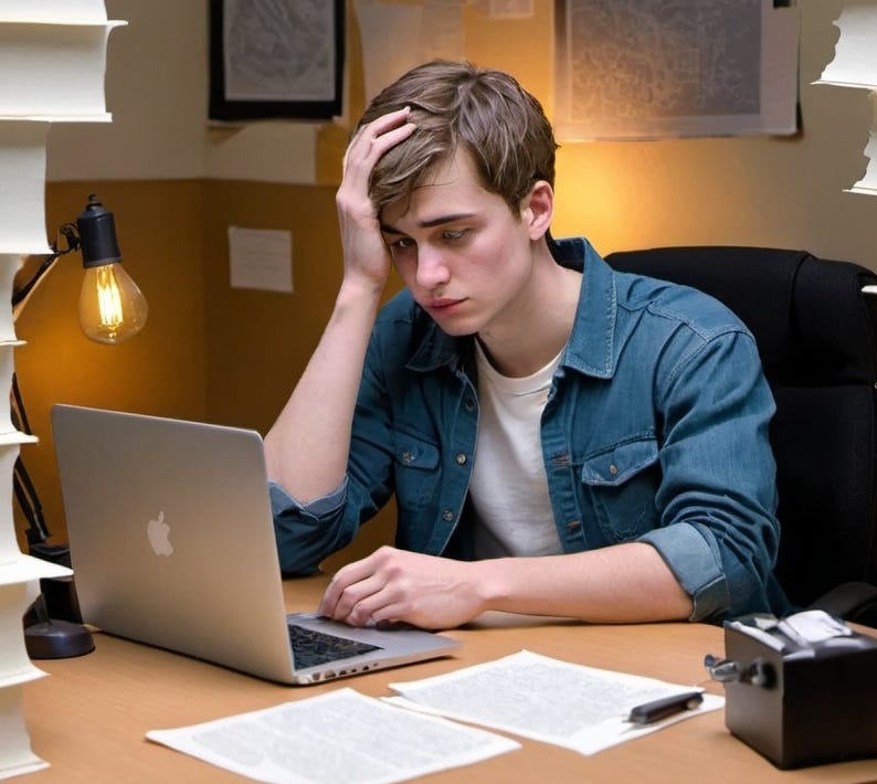 Young man struggling with writer's block