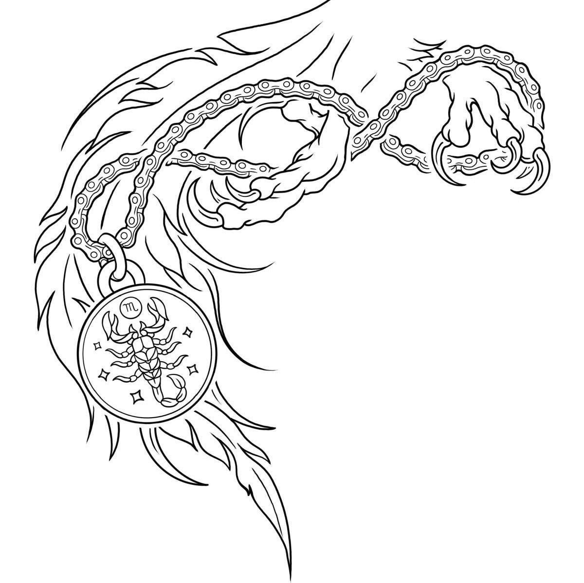 A black-and-white line drawing showing the claws of a phoenix holding a bicycle chain. There is a Scorpio medallion connected to the chain. In the background are flames of the firebird’s tail. A black-and-white line drawing showing the claws of a phoenix holding a bicycle chain. There is a Scorpio medallion connected to the chain. In the background are flames of the firebird’s tail.