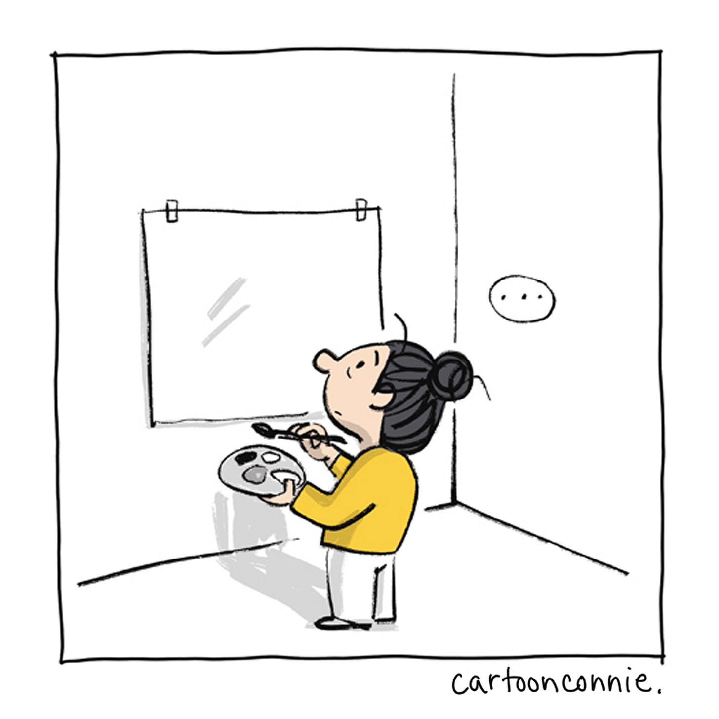 Panel 1 of 12 of a 2-page wordless illustrated comic, titled "Art Can Be A Good Companion," 2026, original artwork by Connie Sun, cartoonconnie. Panel 1 of 12 of a 2-page wordless illustrated comic, titled "Art Can Be A Good Companion," 2026, original artwork by Connie Sun, cartoonconnie.