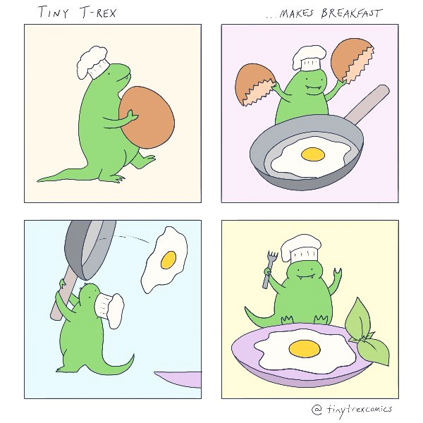 A Tiny T-rex wearing a chefs hat carried an egg over to a frying pan. It breaks the egg into the pan and fries it. Then it flips the egg into a plate with a sprig of basil and holds a fork ready to eat it.