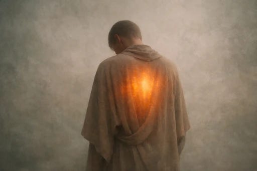 A silhouetted figure seen from behind, with subtle warm light suggesting inner knowledge and presence beneath the surface