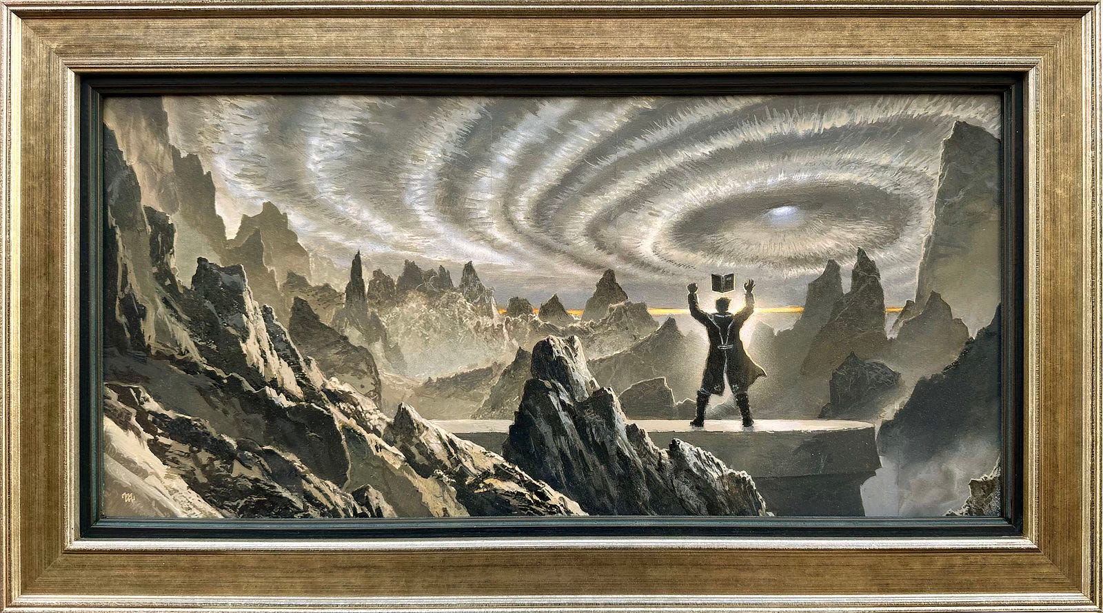 Framed tonal preliminary concept for WIND AND TRUTH featuring Dalinar Kholin in Alethi uniform standing with his back to the audience on a platform high in the mountains. He holds his arms up with his left hand clenched in a fist. There is a glow about him and a book is floating over his head. The sky is made of a broad swirling vortex of clouds with an opening at the center. The mountains are beautifully detailed, jagged with snow covering steep slopes and filling the crevices in the rock. Framed tonal preliminary concept for WIND AND TRUTH featuring Dalinar Kholin in Alethi uniform standing with his back to the audience on a platform high in the mountains. He holds his arms up with his left hand clenched in a fist. There is a glow about him and a book is floating over his head. The sky is made of a broad swirling vortex of clouds with an opening at the center. The mountains are beautifully detailed, jagged with snow covering steep slopes and filling the crevices in the rock.