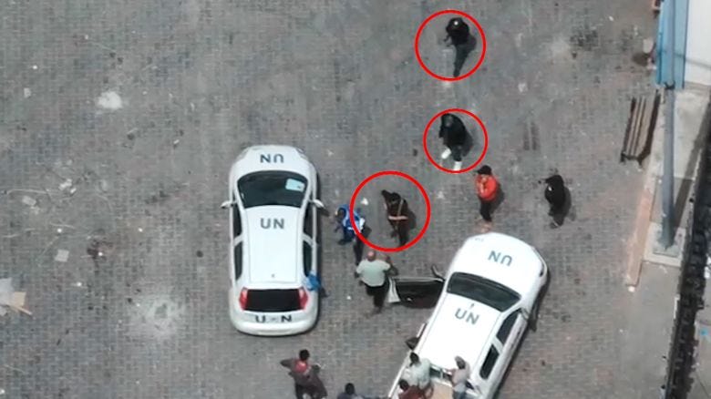 Drone footage published by the IDF on Tuesday, and geolocated by CNN, shows the armed men near UN-marked vehicles at an UNRWA logistics facility in Rafah, which served as a key aid distribution point.