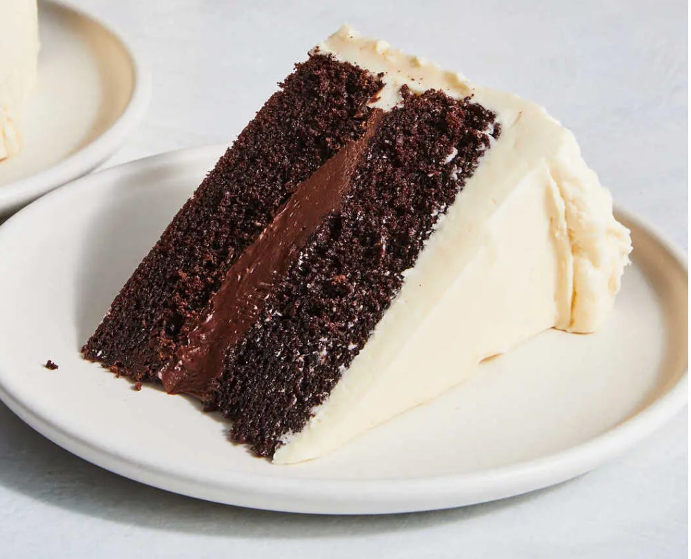 A piece of chocolate cake with white icing.
