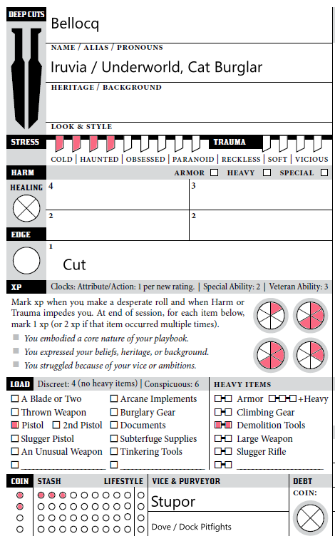 An image of half of a character sheet from the Blades in the Dark Deep Cuts expansion, the character is Bellocq. It is probably best viewed at full size. An image of half of a character sheet from the Blades in the Dark Deep Cuts expansion, the character is Bellocq. It is probably best viewed at full size.