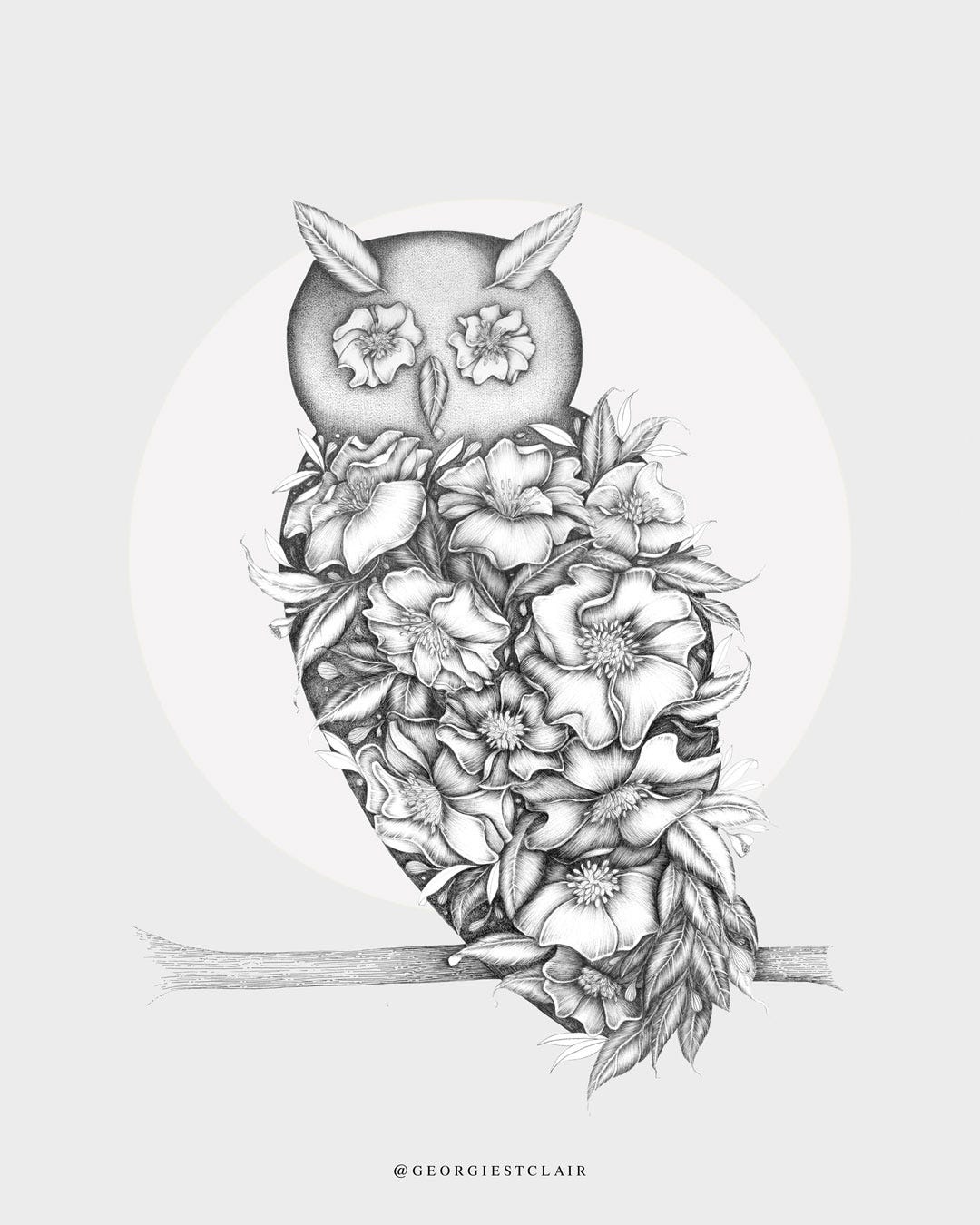 Fineliner black and white owl drawing made up of florals on a grey background by Georgie St Clair Fineliner black and white owl drawing made up of florals on a grey background by Georgie St Clair