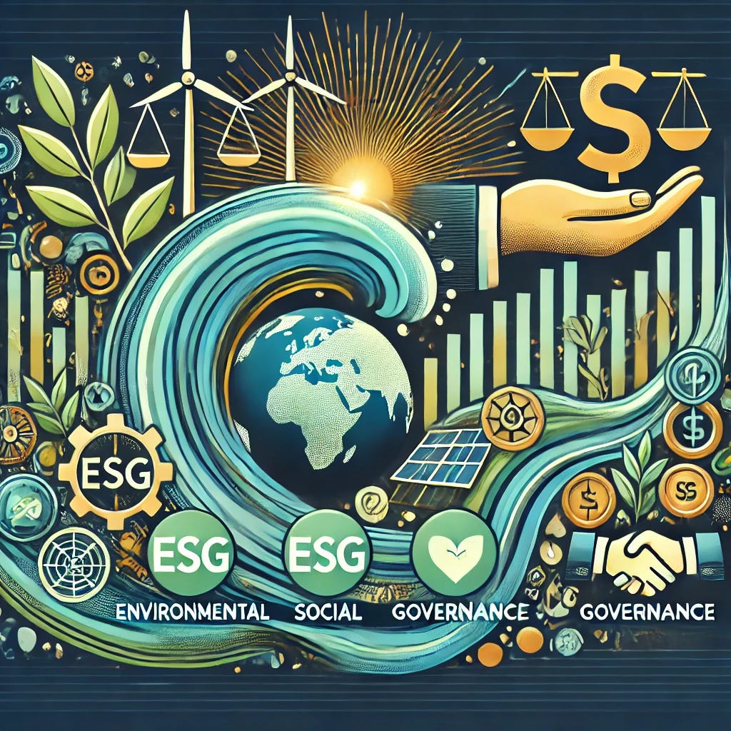 A professional and impactful illustration representing the concept of ESG (Environmental, Social, Governance) investing and its growing influence in sustainable finance. One image features a wave composed of icons like wind turbines, solar panels, a hand holding scales, and a leaf, symbolizing the three ESG pillars. The second image shows a globe surrounded by a financial graph with ESG-related symbols, such as a tree, a handshake, and a shield, indicating responsible and profitable investments. The color palette uses greens, blues, and golds to evoke sustainability, trust, and prosperity.