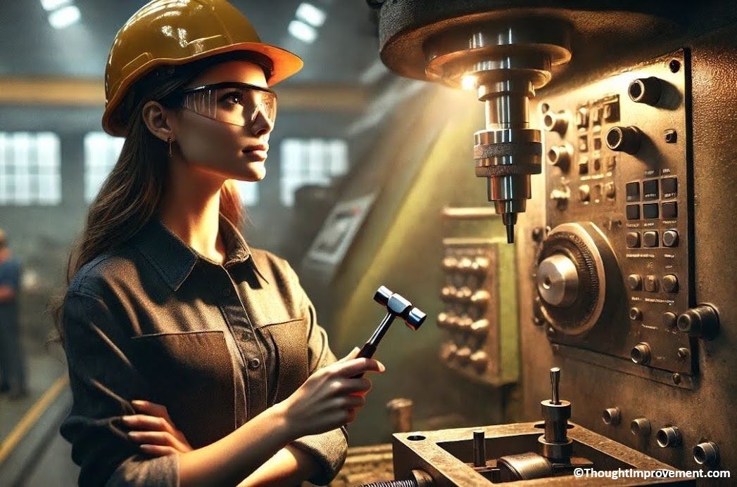 A female mechanic working on a machine.