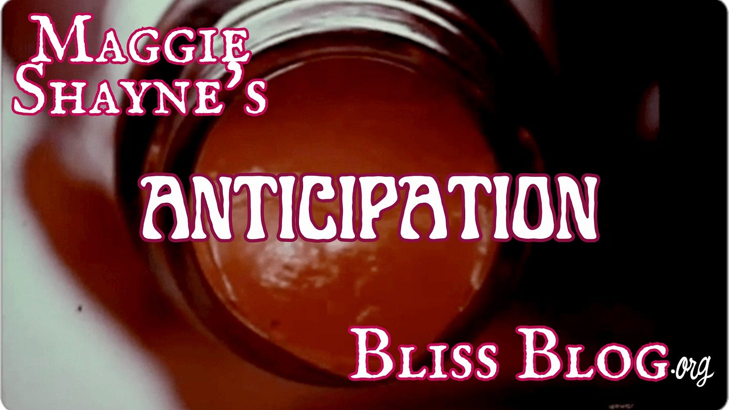 The rim of a ketchup bottle with the ketchup moving slow. The word anticipation