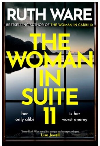 Book cover of The Woman in Suite11 by Ruth Ware, image of a view over a lake with a dark sky
