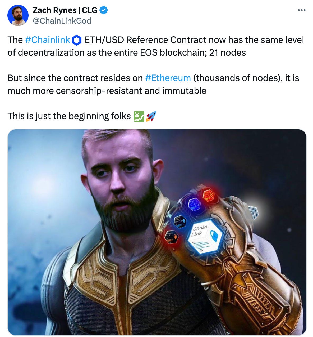 @ChainLinkGod tweet on the decentralization of Chainlink's ETH/USD feed