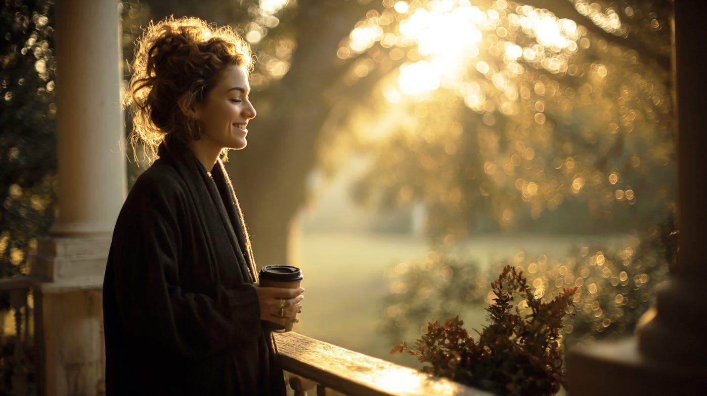 A person stands on a porch at sunrise, holding a coffee cup and smiling quietly to themselves. Warm golden light surrounds them, suggesting the lightness and joy that gratitude brings to an ordinary morning.