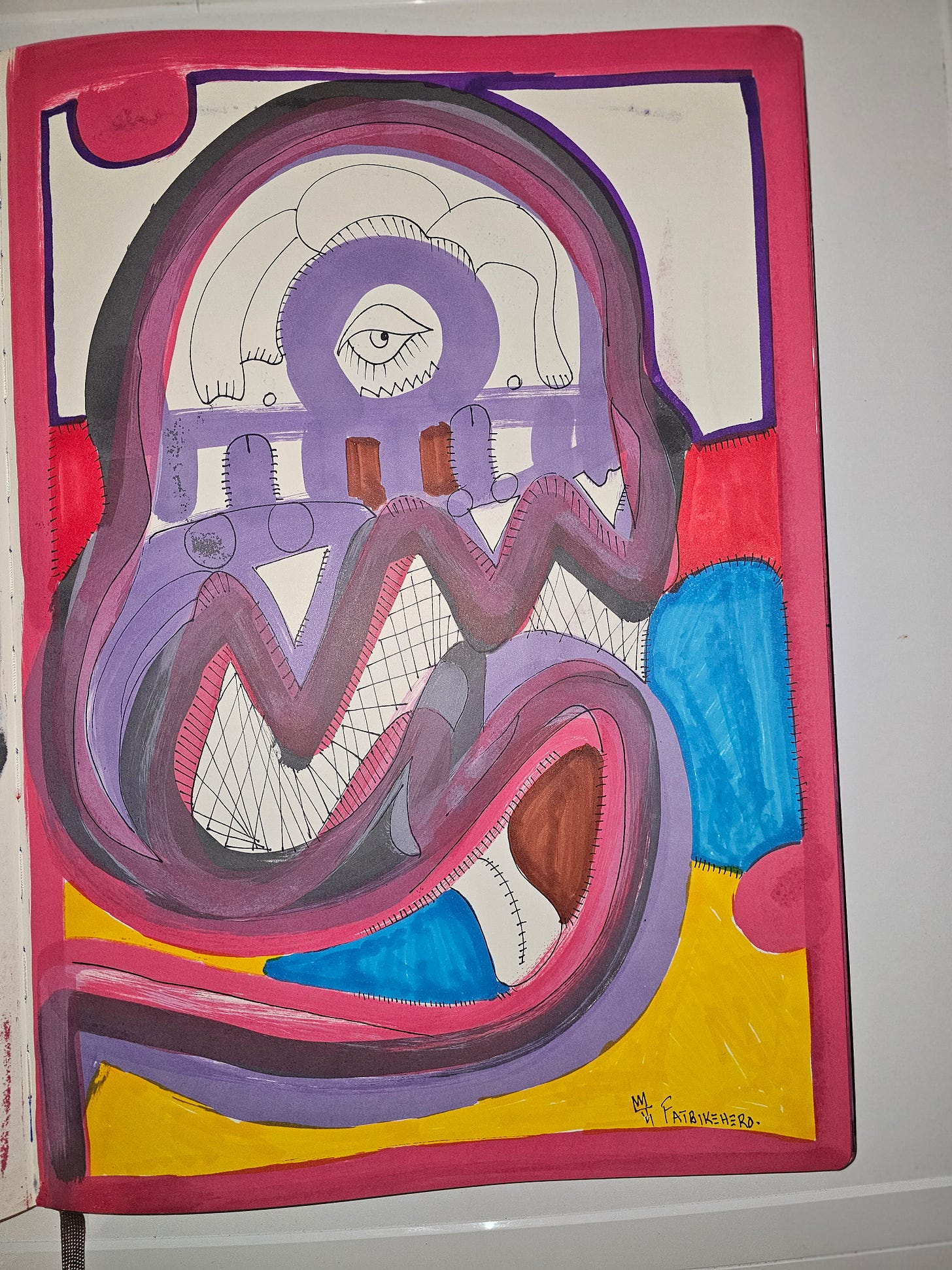 **Alt Text:** Abstract looping elephant-like form with a single eye, thick outlines, and bold red, yellow, blue, and purple colors. **Alt Text:** Abstract looping elephant-like form with a single eye, thick outlines, and bold red, yellow, blue, and purple colors.