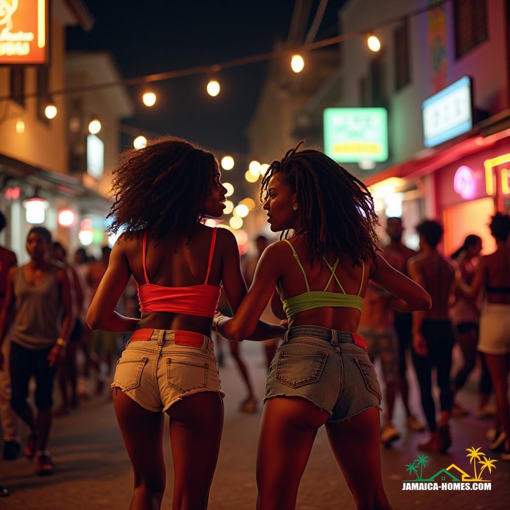 A lively street scene in Jamaica during a traditional sound system event.