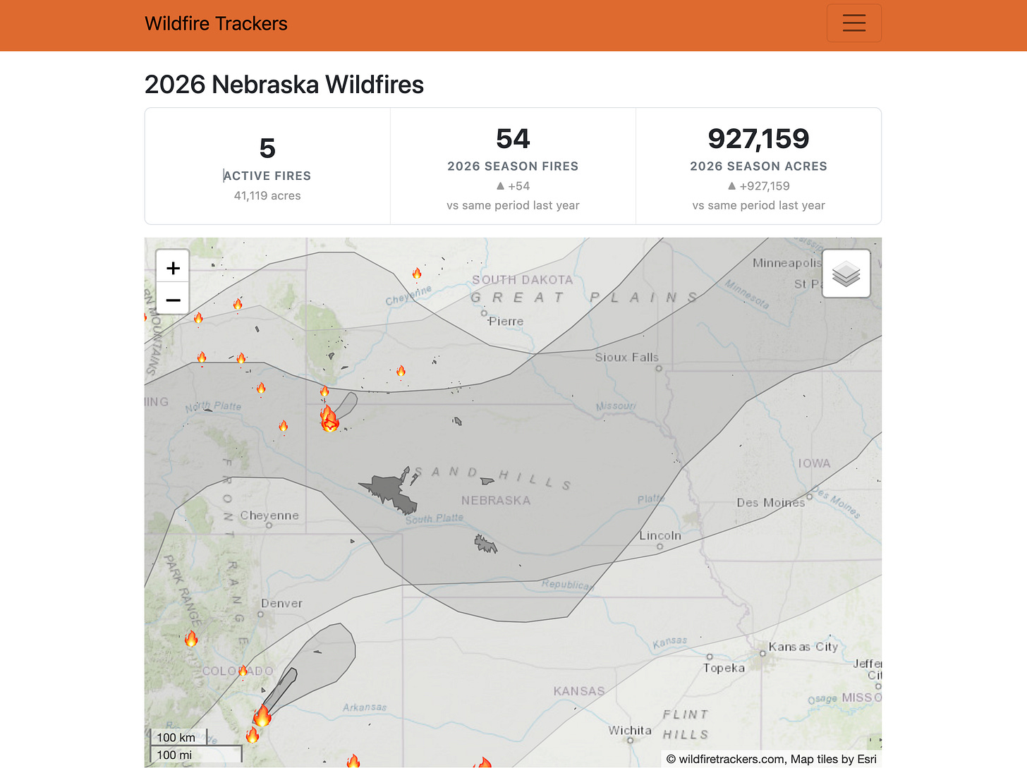 Graphic from wildfire tracker site of 2026 Nebraska wildfires.