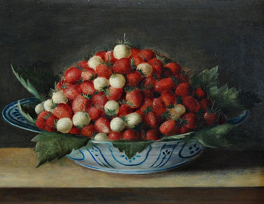 Pintura de uma bacia de porcelana cheia de morangos arredondados, a maioria deles vermelhos, mas alguns ainda brancos.