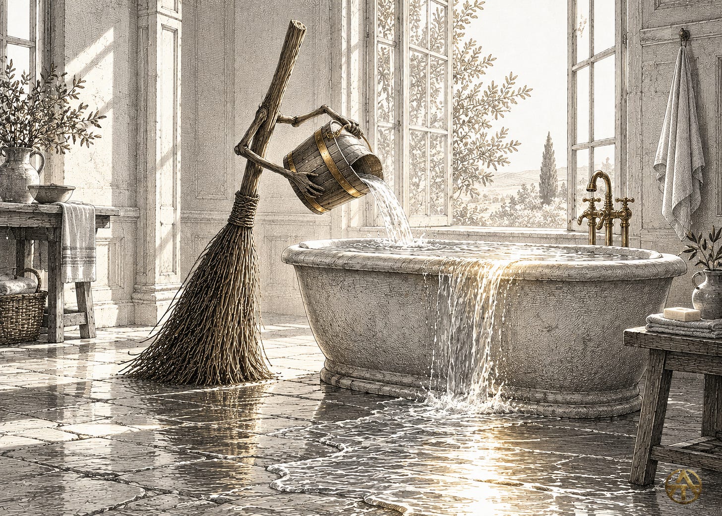An animated broom pours another bucket into an overflowing stone bath as sunlit water spreads across the floor. An animated broom pours another bucket into an overflowing stone bath as sunlit water spreads across the floor.