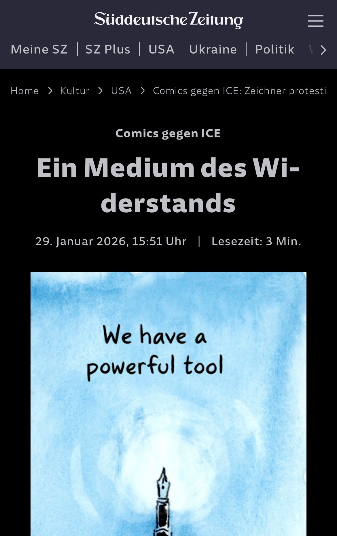 Screenshot of a German news article discussing the #ICEout comics movement on Instagram. 