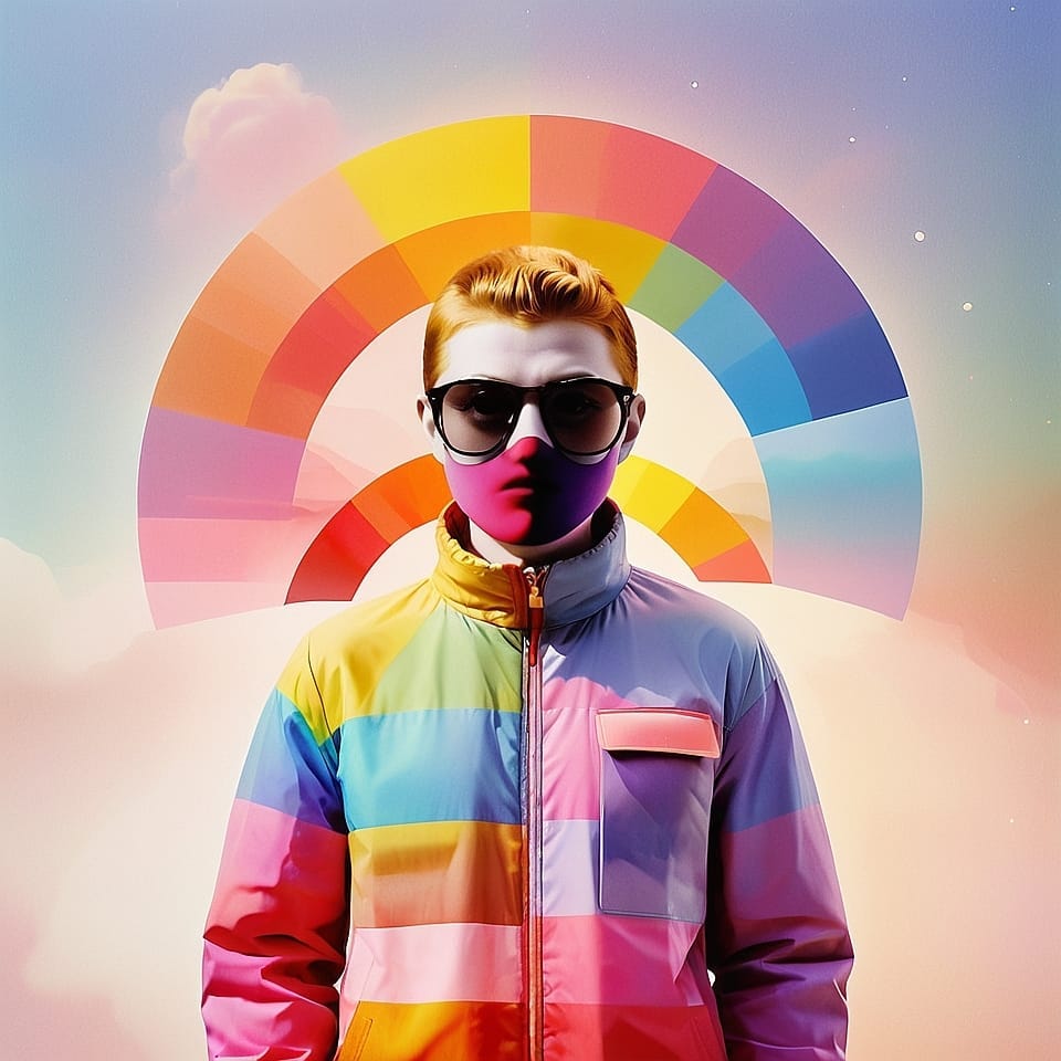A rainbow graphic, a human form, gender neutral, in the foreground,