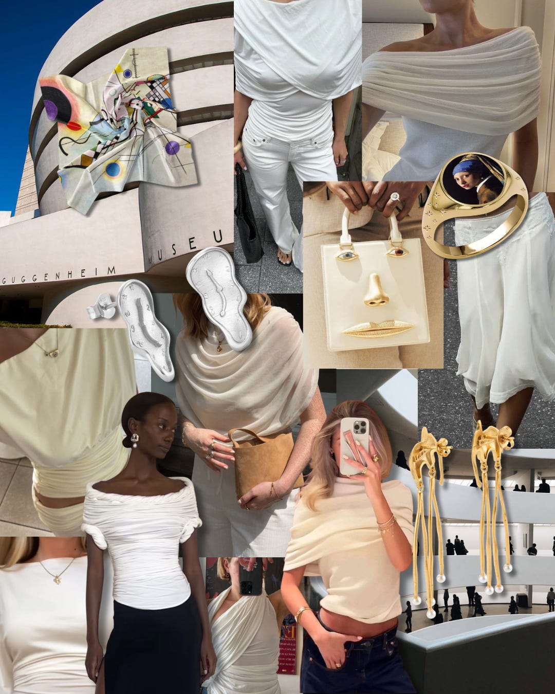 A fashion mood board in ivory, cream, off-white, and warm white with gold accents, inspired by the Guggenheim museum's spiral architecture. Images include: the exterior of the Guggenheim Museum with a Kandinsky-print silk scarf laid over it; a woman in all-white wide-leg trousers and a draped white top; a draped asymmetric off-the-shoulder white chiffon top; a gold signet ring with a miniature Girl with a Pearl Earring painting on the face; melting Dalí clock-inspired silver earrings; a sculptural cream handbag with a face — eyes, nose, and lips — molded onto it in gold; a woman in a ruched cream off-the-shoulder top and black trousers with gold jewelry; two women taking mirror selfies in ivory fitted tops and blue jeans inside the Guggenheim; long abstract gold drop earrings with pearl tips; and a model in a draped white column dress.