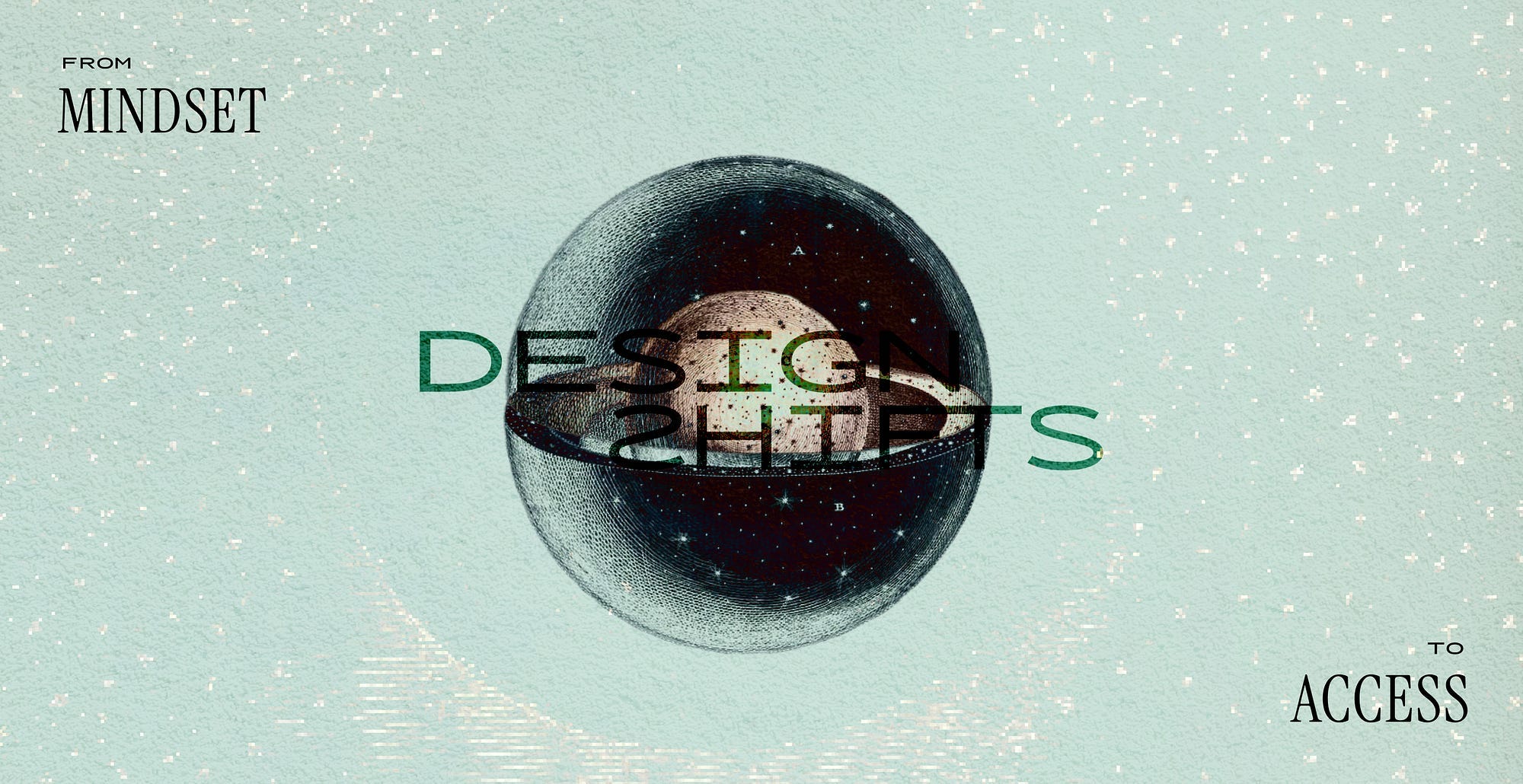 An image of a sphere with a logo for design shifts on top. At the top/bottom is the text from mindset to access An image of a sphere with a logo for design shifts on top. At the top/bottom is the text from mindset to access