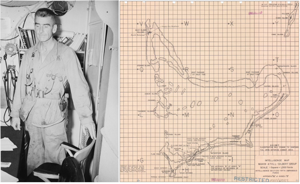 Restricted-use World War II intelligence map of Makin Atoll in the Gilbert Islands, overprinted on grid paper with coastlines, islets, and landing areas marked for the 1942 Marine Raider operation led by LtCol Evans Carlson.