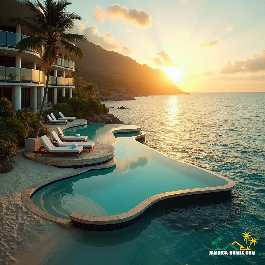 Modern development schemes in Jamaica near the coast and beaches feature sleek glass architecture, incorporating unique swimming pools both at ground level and on rooftops. These designs not only offer stunning views of the Caribbean Sea but also blend contemporary style with the tropical landscape, creating luxurious spaces that feel open and light.