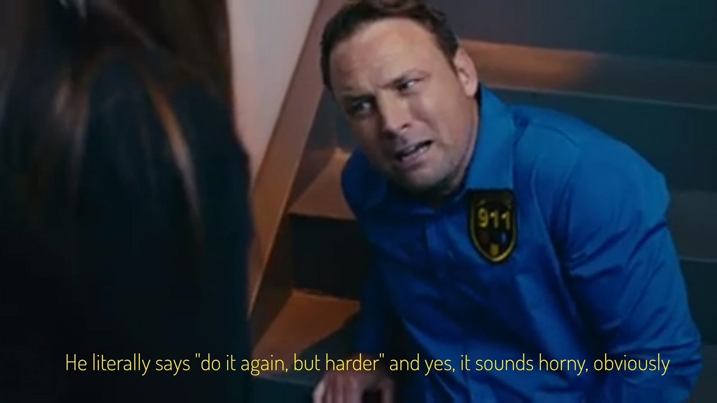 Trent, a white guy with a big face, looking confused and mad but also kinda turned on, captioned "He literally says 'do it again, but harder' and yes, it sounds horny, obviously"