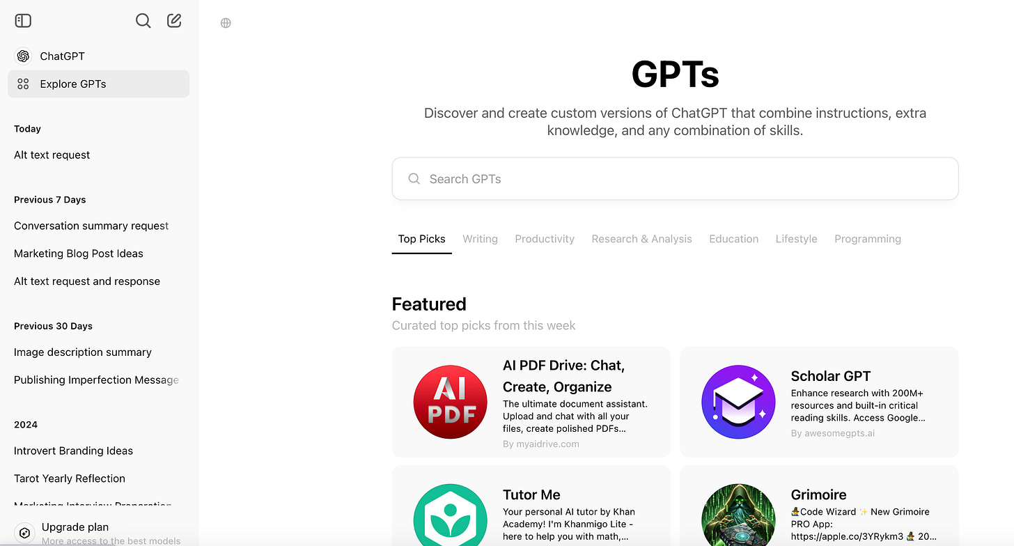 Screenshot of the ChatGPT Explore GPTs page