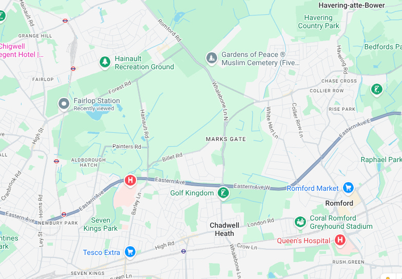 a map of the Fairlop and Marks Gate area of outer east London