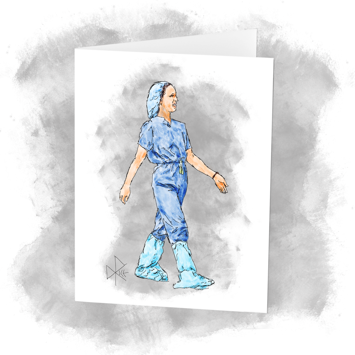 A woman walking in blue surgical scrubs, along with hair and boot coverings. Sketch art by Don Rice.