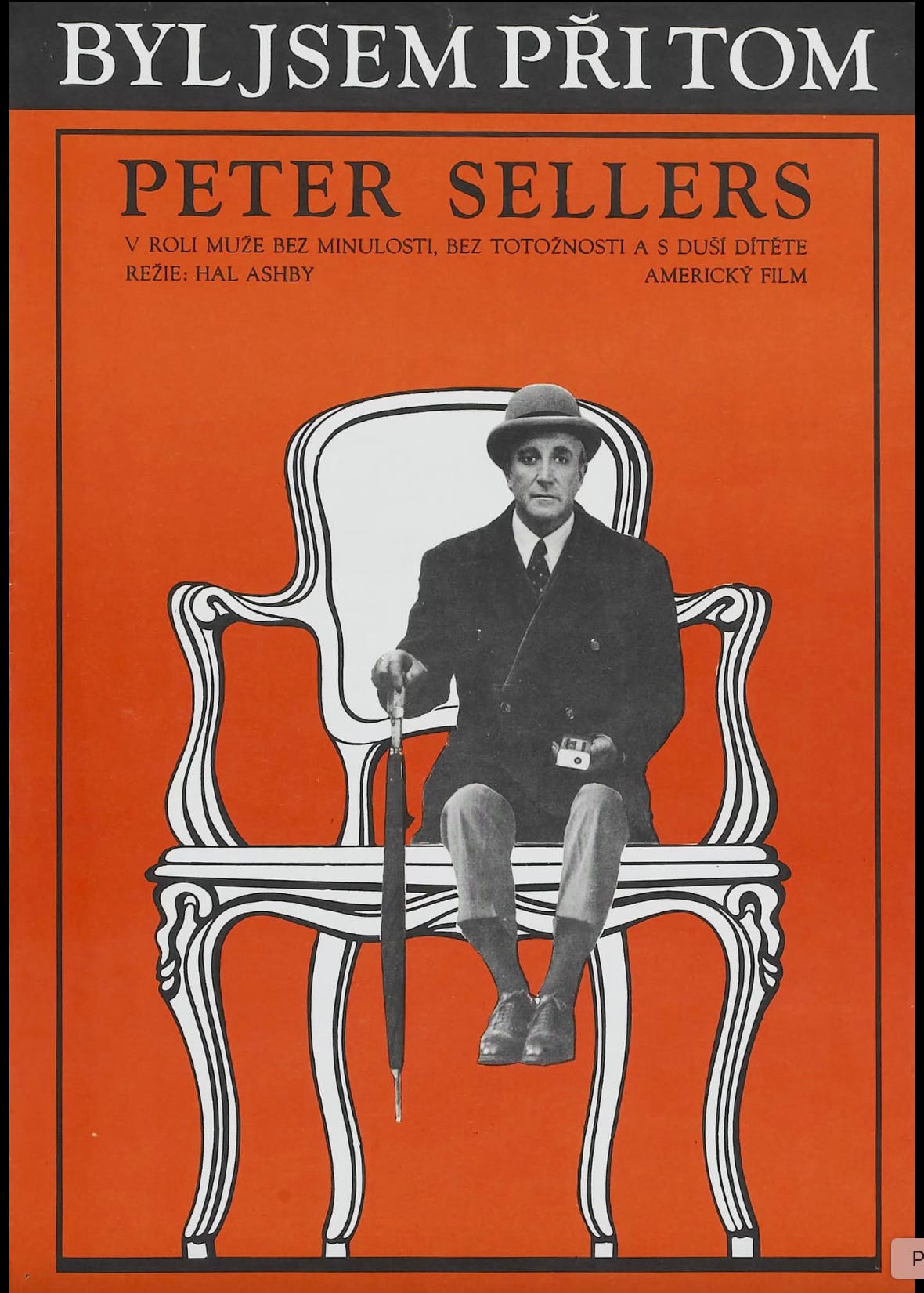 Czech movie poster where Chance sits on a very large chair as if he were a child