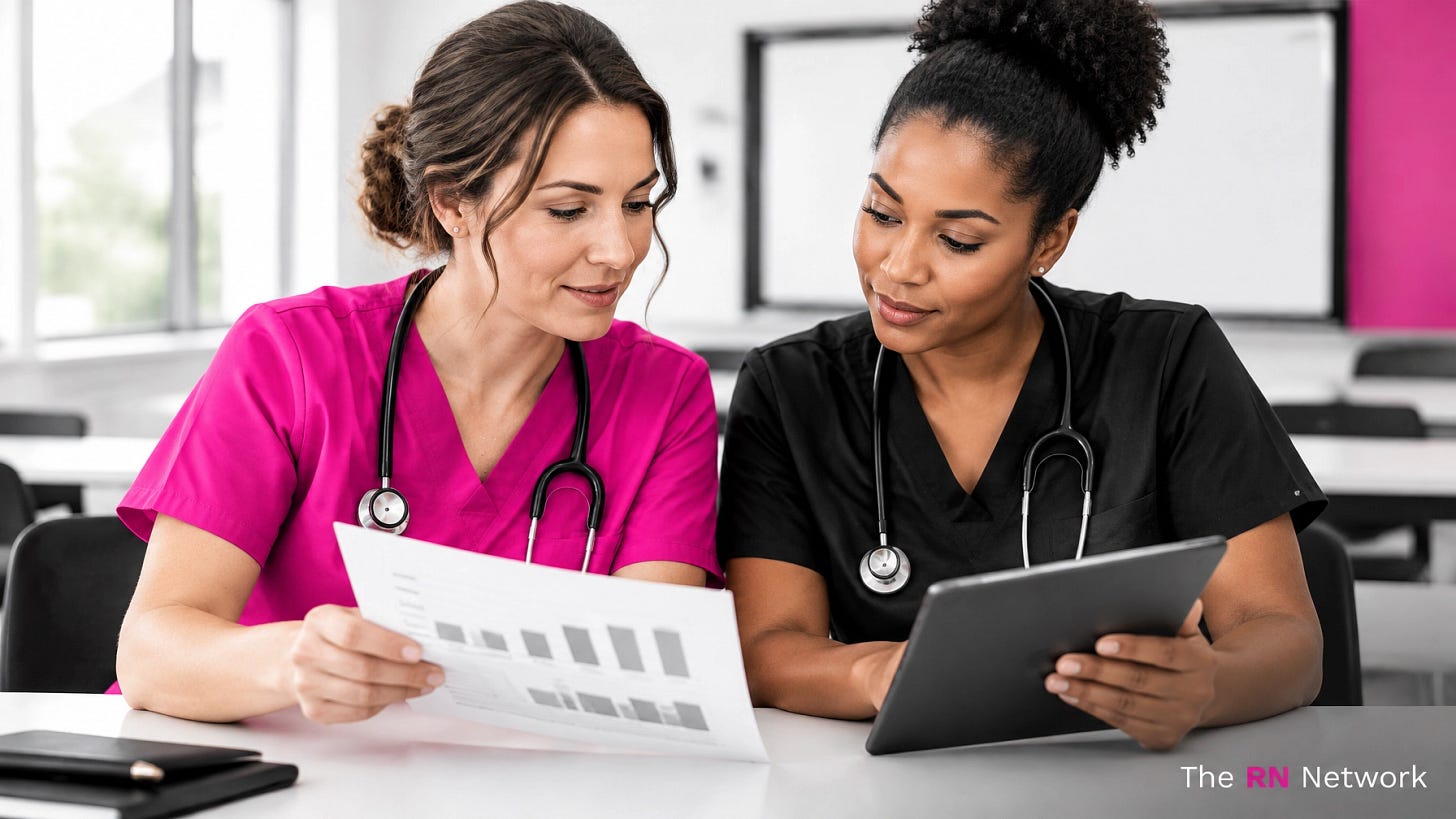 Nurses reviewing employment data together in a modern clinical education space