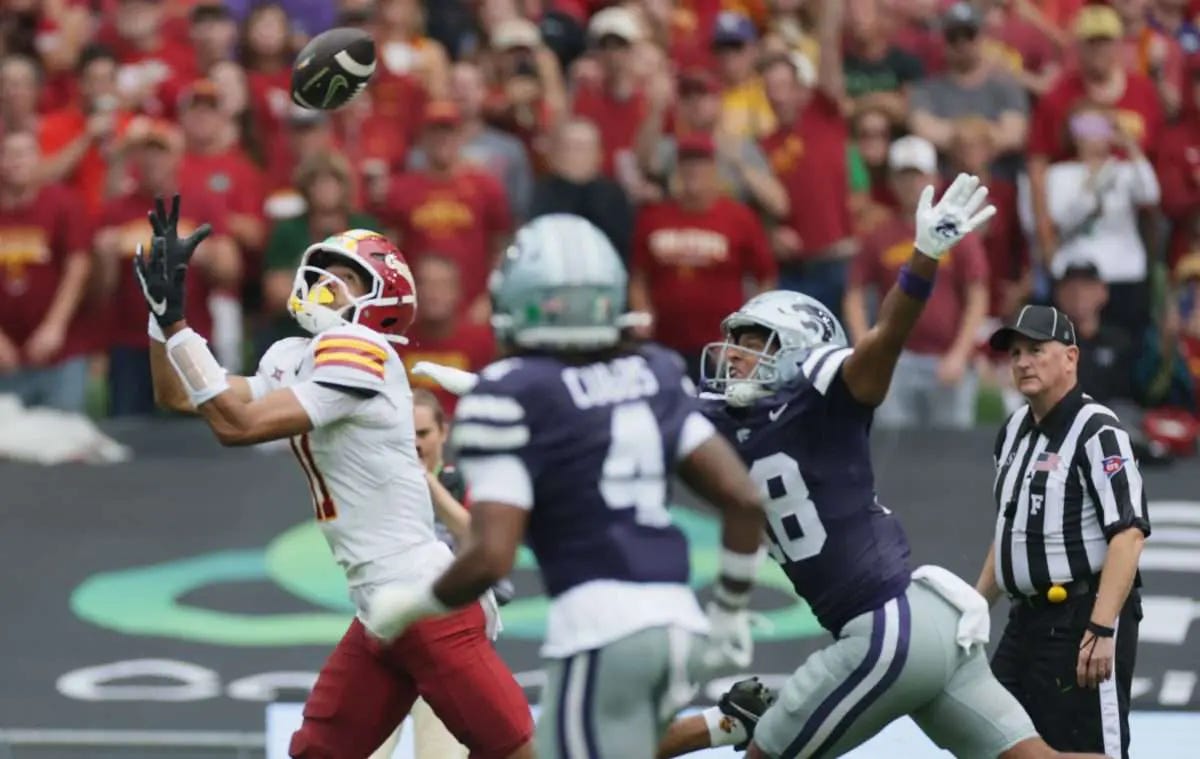 With Kansas State down 17-14 on their own 30-yard line, K-State ran Avery Johnson off tackle and was stopped. Four plays later, Iowa State punched it in with a Rocco Becht seven-yard score to make it 24-14. Kansas State did respond with a quick-strike touchdown from Avery Johnson to Jerand Bradley for a 65-yard touchdown. With Kansas State down 17-14 on their own 30-yard line, K-State ran Avery Johnson off tackle and was stopped. Four plays later, Iowa State punched it in with a Rocco Becht seven-yard score to make it 24-14. Kansas State did respond with a quick-strike touchdown from Avery Johnson to Jerand Bradley for a 65-yard touchdown.