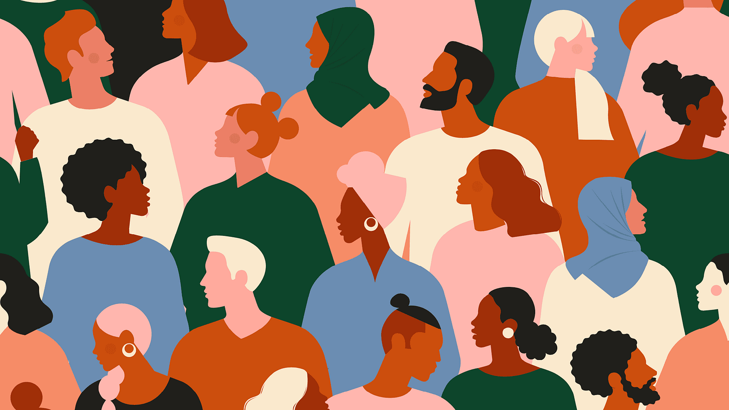 An illustration of men women children of all races and ethnicities An illustration of men women children of all races and ethnicities