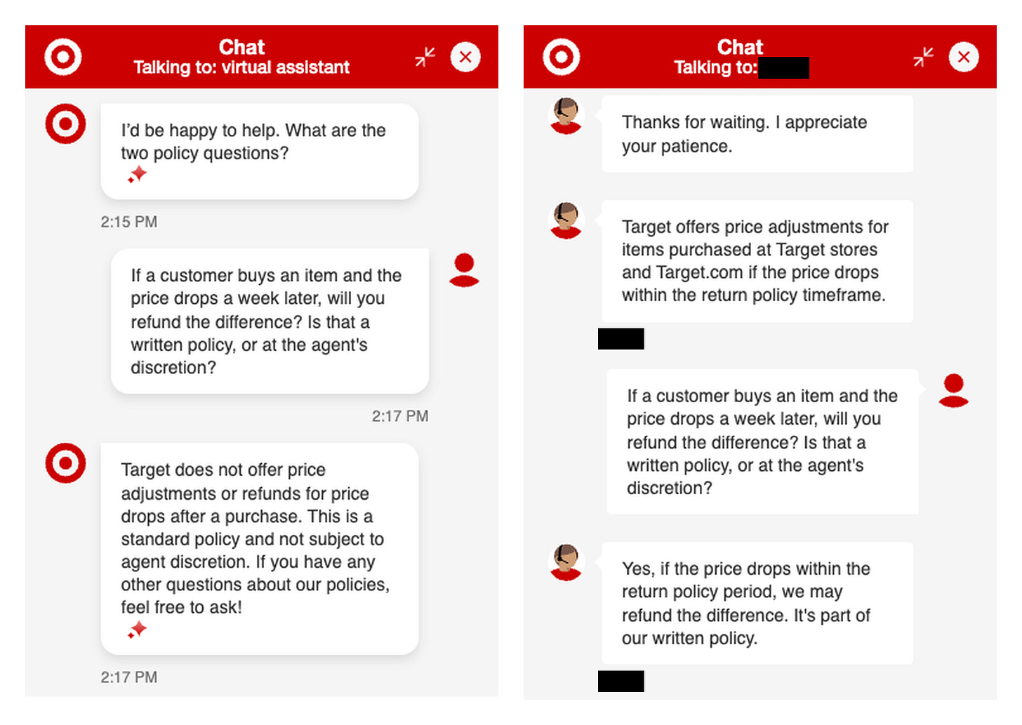 Two screenshots of Target's website chat. The virtual assistant says Target does not offer price adjustments for price drops after purchase and that this is not subject to agent discretion. A human agent then says that if the price drops within the return period, Target may refund the difference, and that it is part of the written policy.