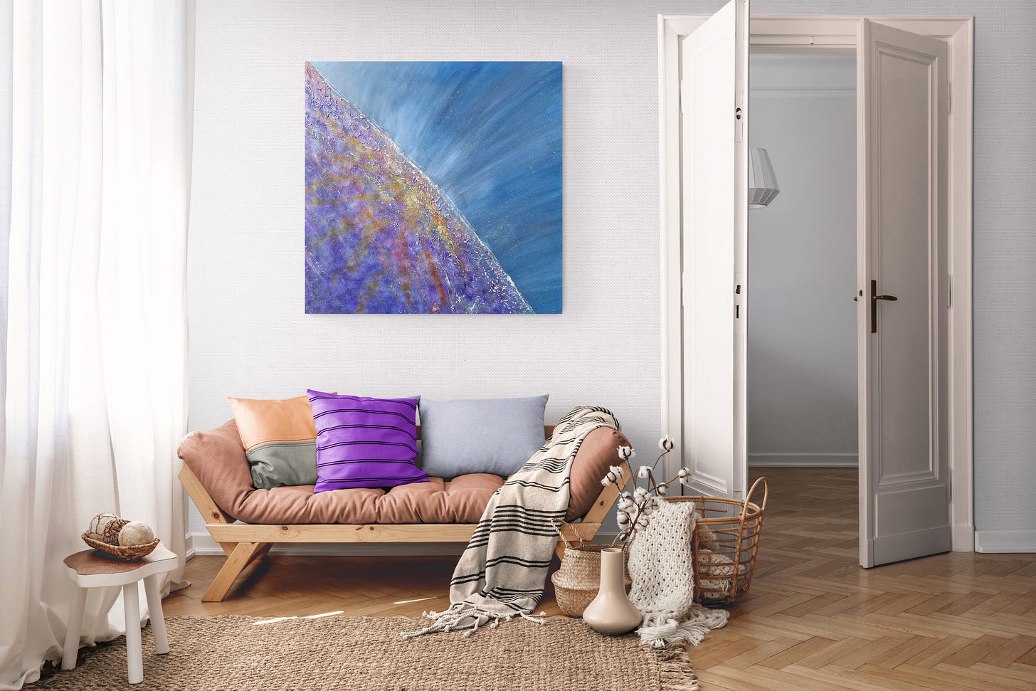 Neutron Star – a 1-metre acrylic painting on box canvas, featuring cosmic blues, radiant golds, and textured purples, evoking the intense energy of a stellar explosion.